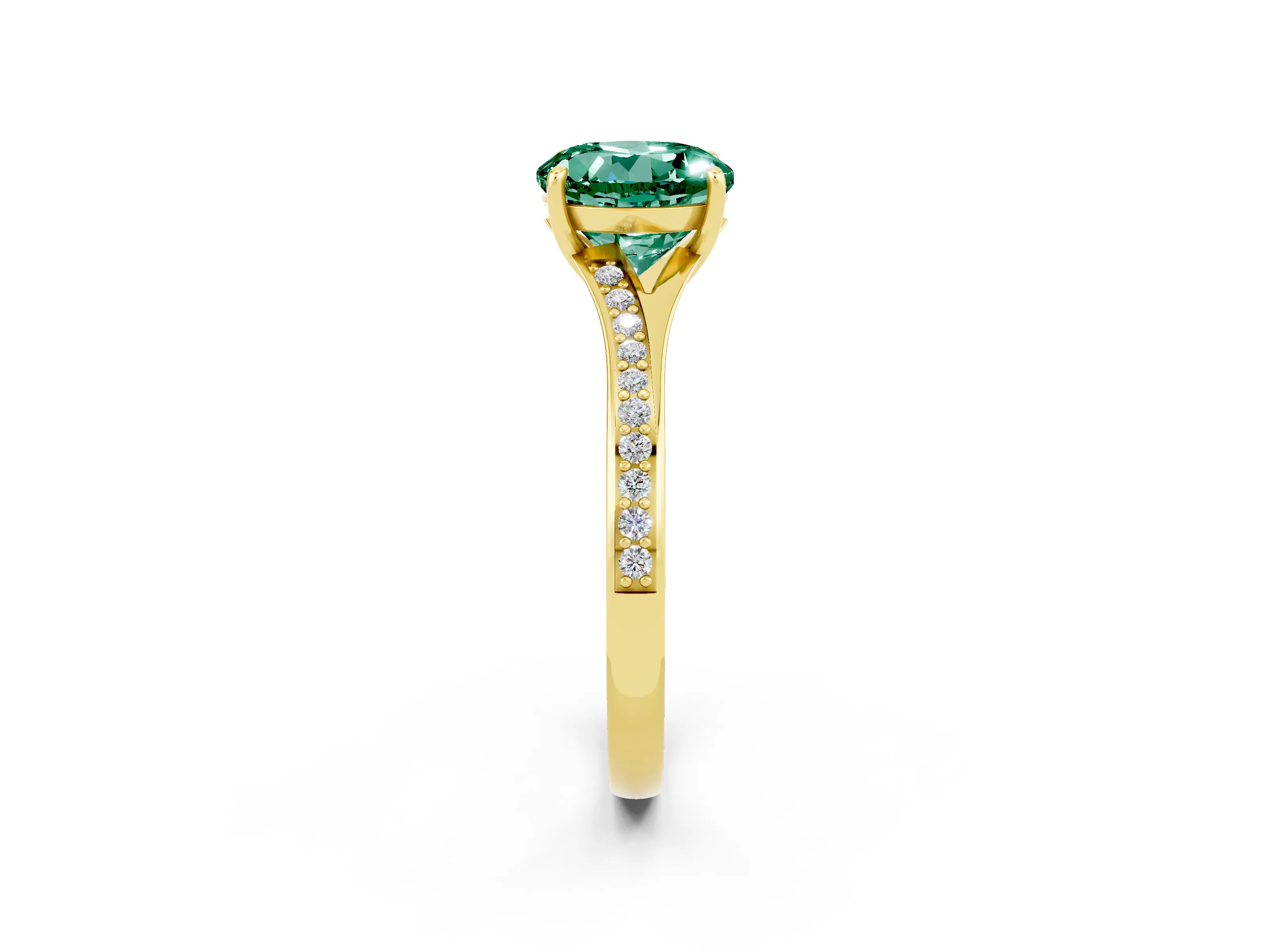 Yellow gold Round Cut Green Sapphire Solitaire Ring with Pavé Band and Prong Setting_14