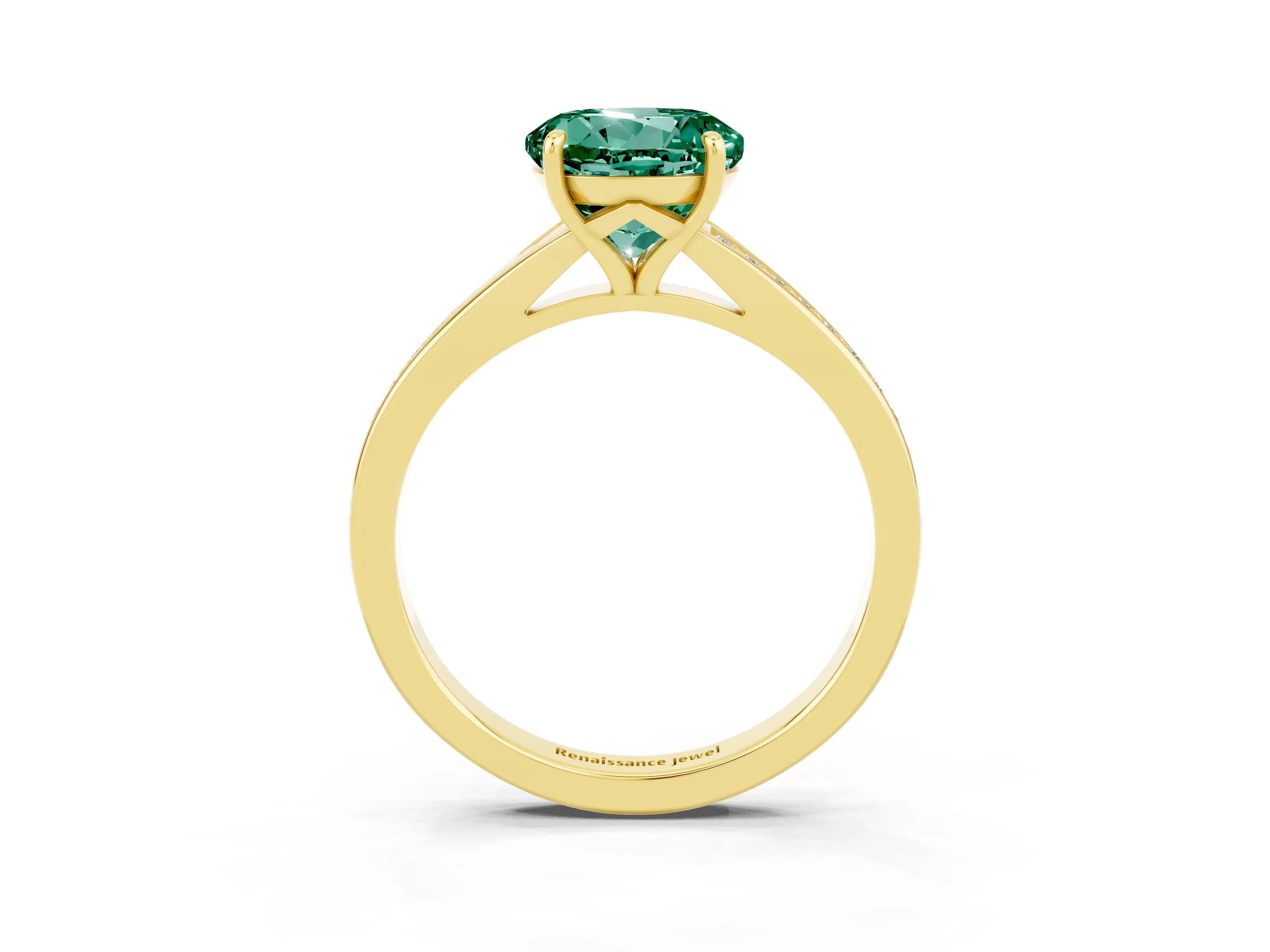 Yellow gold Round Cut Green Sapphire Solitaire Ring with Pavé Band and Prong Setting_15