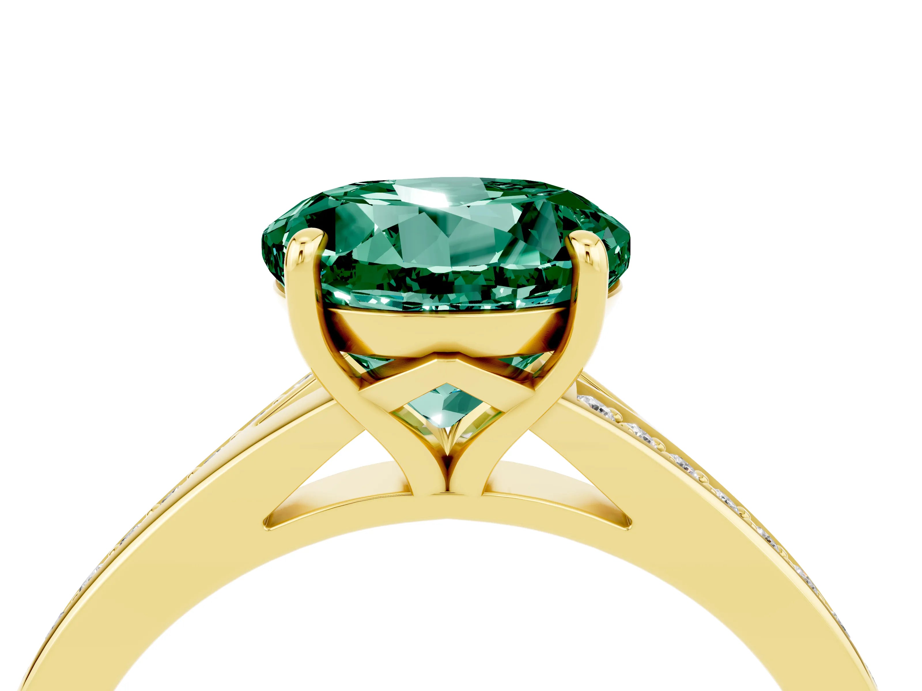 Yellow gold Round Cut Green Sapphire Solitaire Ring with Pavé Band and Prong Setting_16