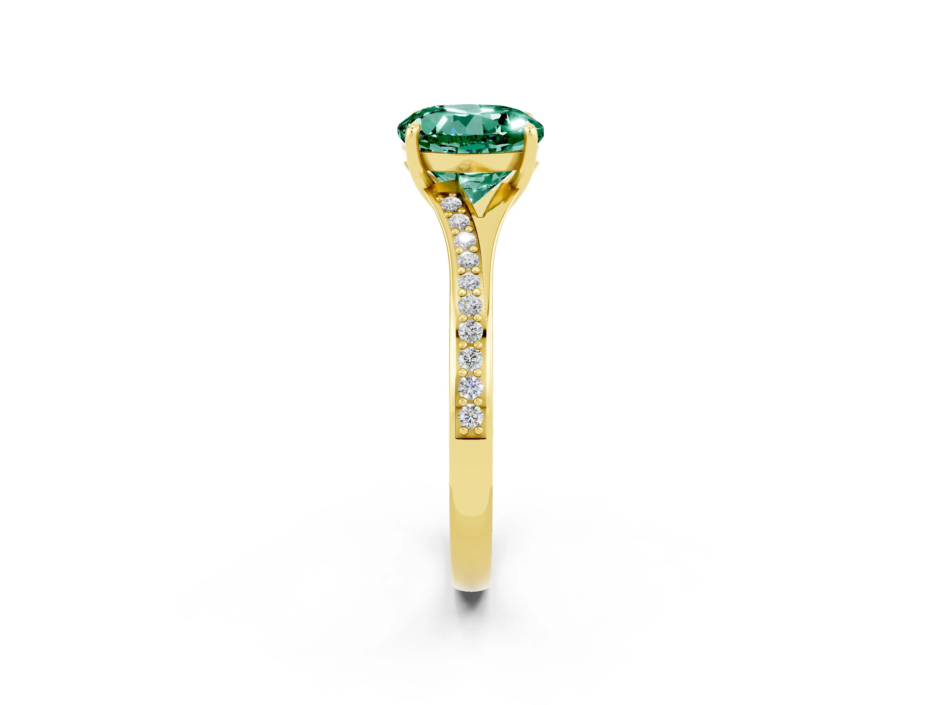 Yellow gold Round Cut Green Sapphire Solitaire Ring with Pavé Band and Prong Setting_2