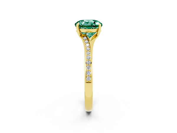Yellow gold Round Cut Green Sapphire Solitaire Ring with Pavé Band and Prong Setting