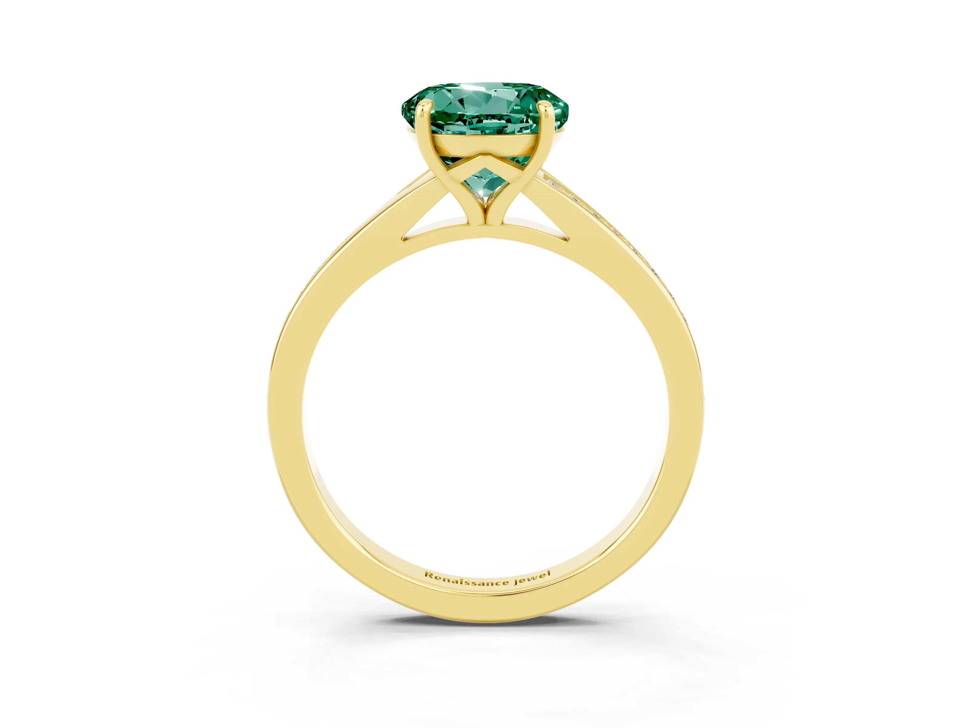 Yellow gold Round Cut Green Sapphire Solitaire Ring with Pavé Band and Prong Setting_3