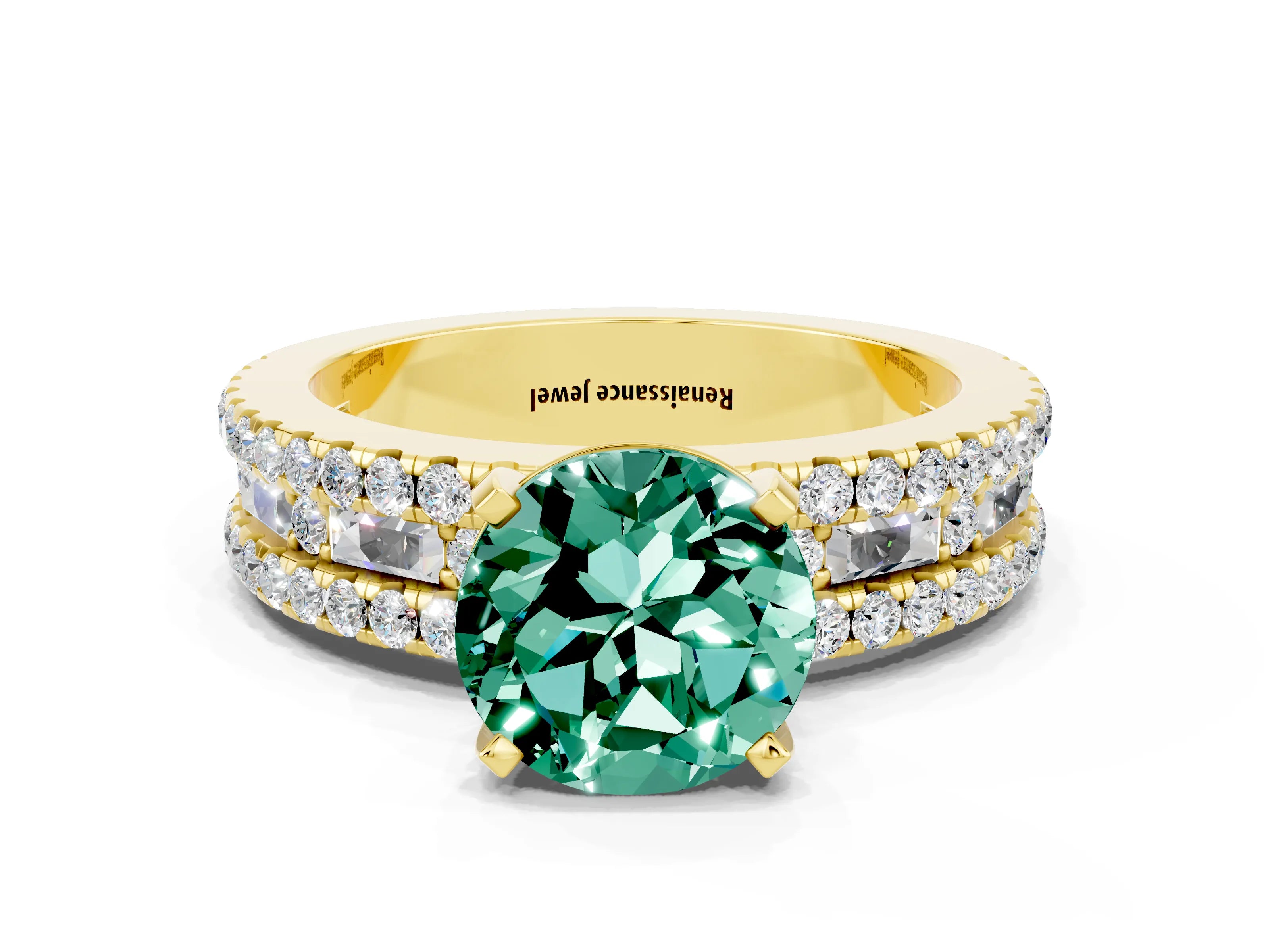Yellow gold Round Cut Green Sapphire Solitaire Ring with Pavé and Channel Set Band