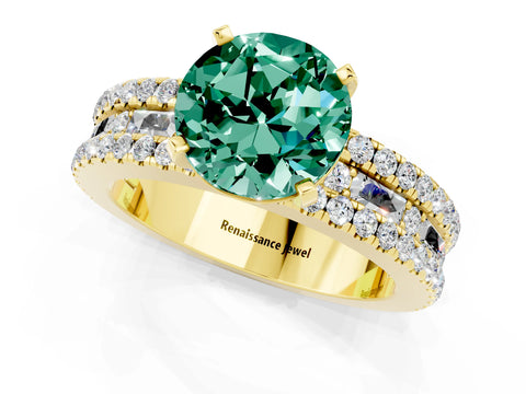 Yellow gold Round Cut Green Sapphire Solitaire Ring with Pavé and Channel Set Band_1