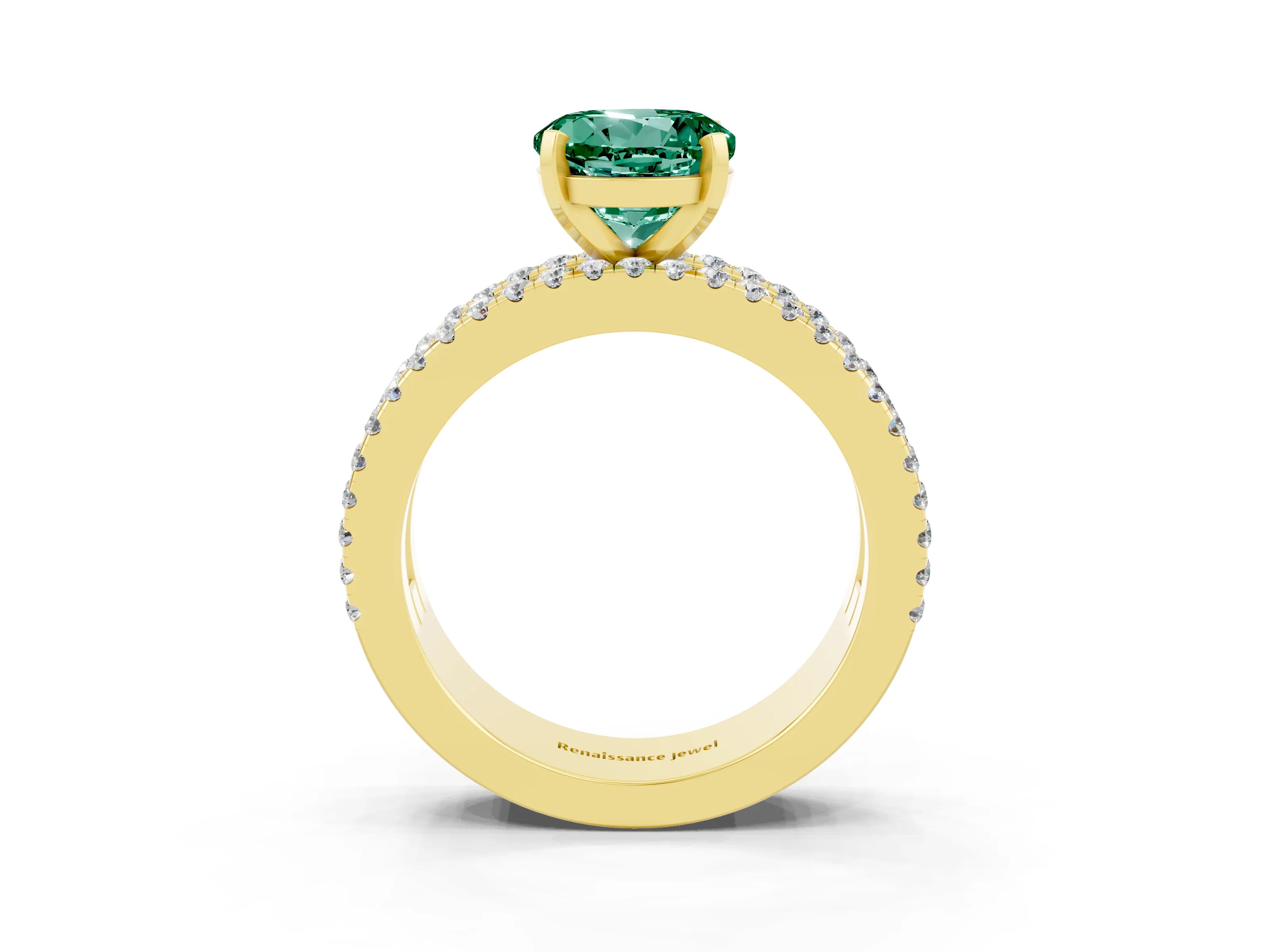Yellow gold Round Cut Green Sapphire Solitaire Ring with Pavé and Channel Set Band_3