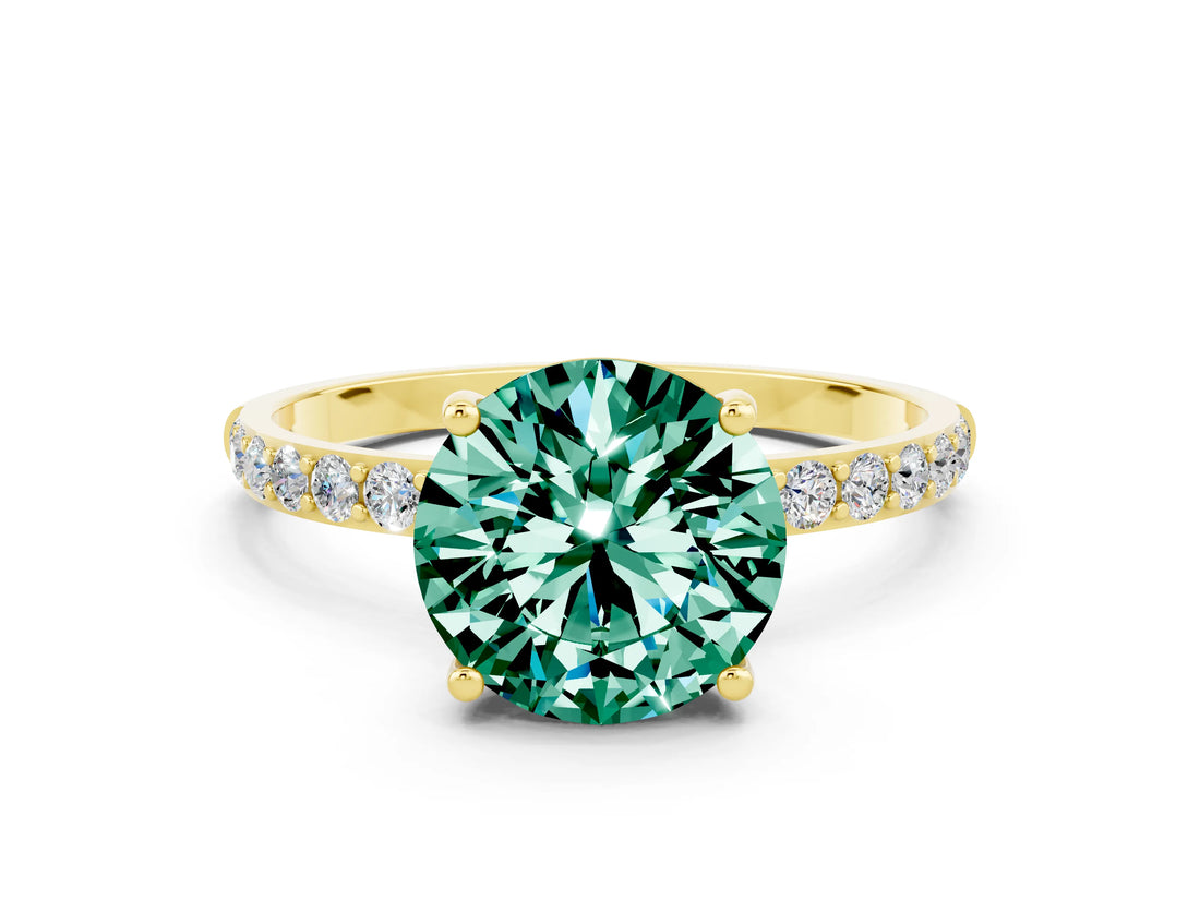 Yellow gold Round Cut Green Sapphire Solitaire Ring with Pave Band and Four Prong Setting_24