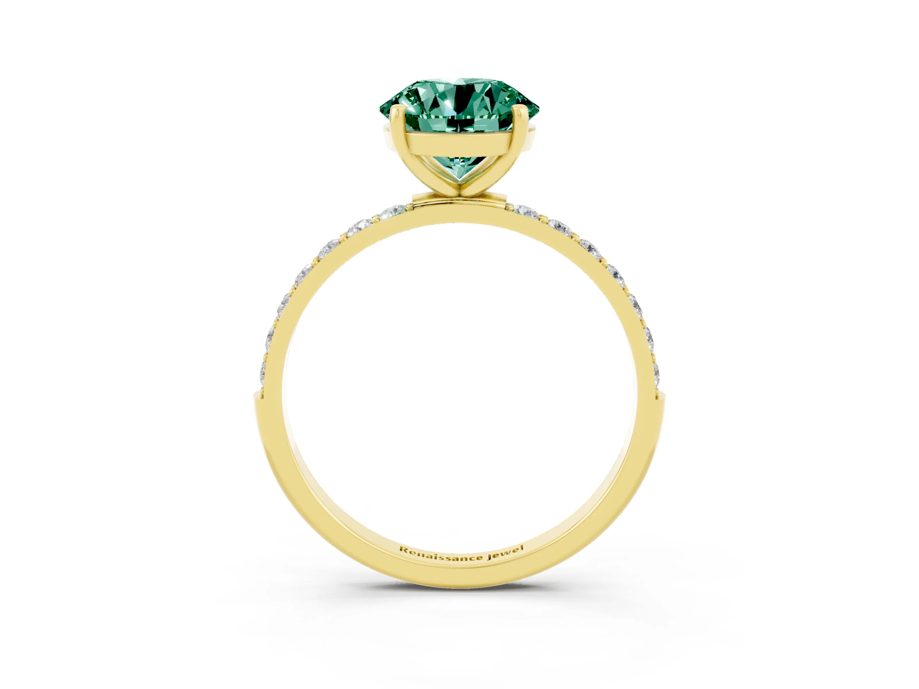 Yellow gold Round Cut Green Sapphire Solitaire Ring with Pave Band and Four Prong Setting_27