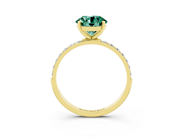 Yellow gold Round Cut Green Sapphire Solitaire Ring with Round  Pavé Band and Prong Setting