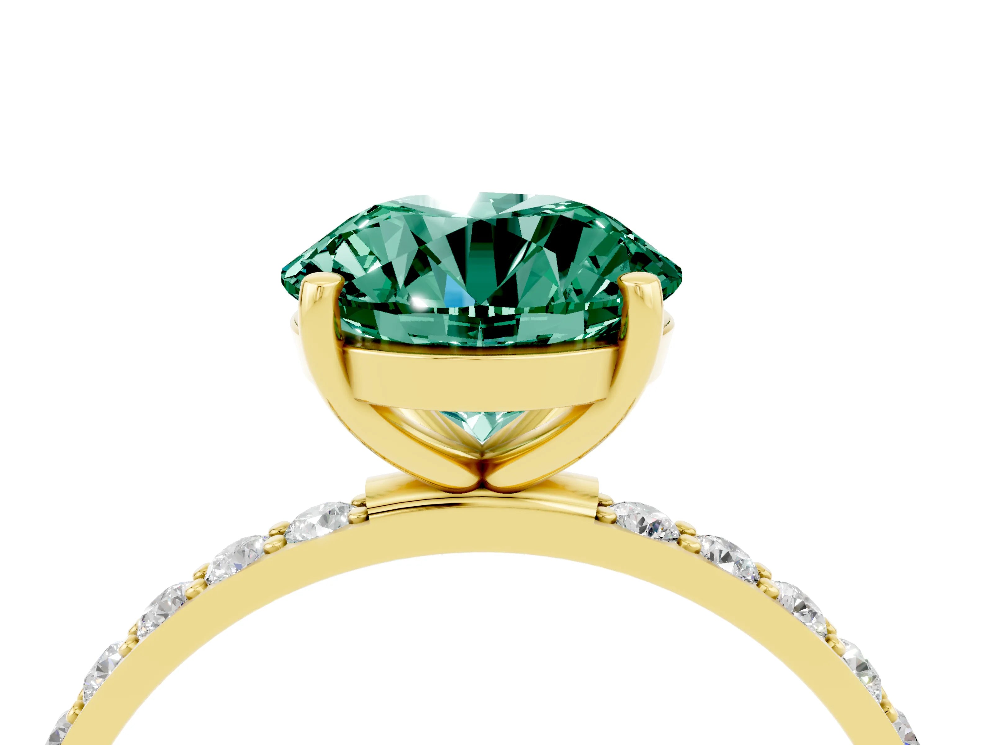 Yellow gold Round Cut Green Sapphire Solitaire Ring with Pave Band and Four Prong Setting_28