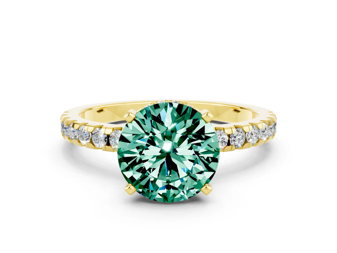 Yellow gold Round Cut Green Sapphire Solitaire Ring with Round  Pavé Band and Four-Prong Setting_36
