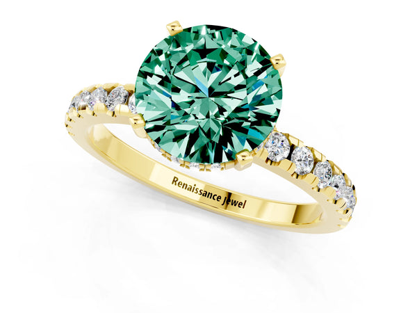 Yellow gold Round Cut Green Sapphire Solitaire Ring with Round Pavé Band and Four-Prong Setting