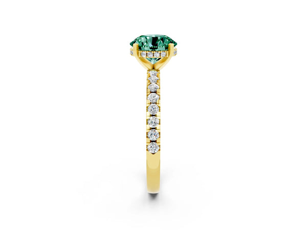 Yellow gold Round Cut Green Sapphire Solitaire Ring with Round Pavé Band and Four-Prong Setting