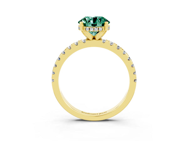 Yellow gold Round Cut Green Sapphire Solitaire Ring with Round Pavé Band and Four-Prong Setting