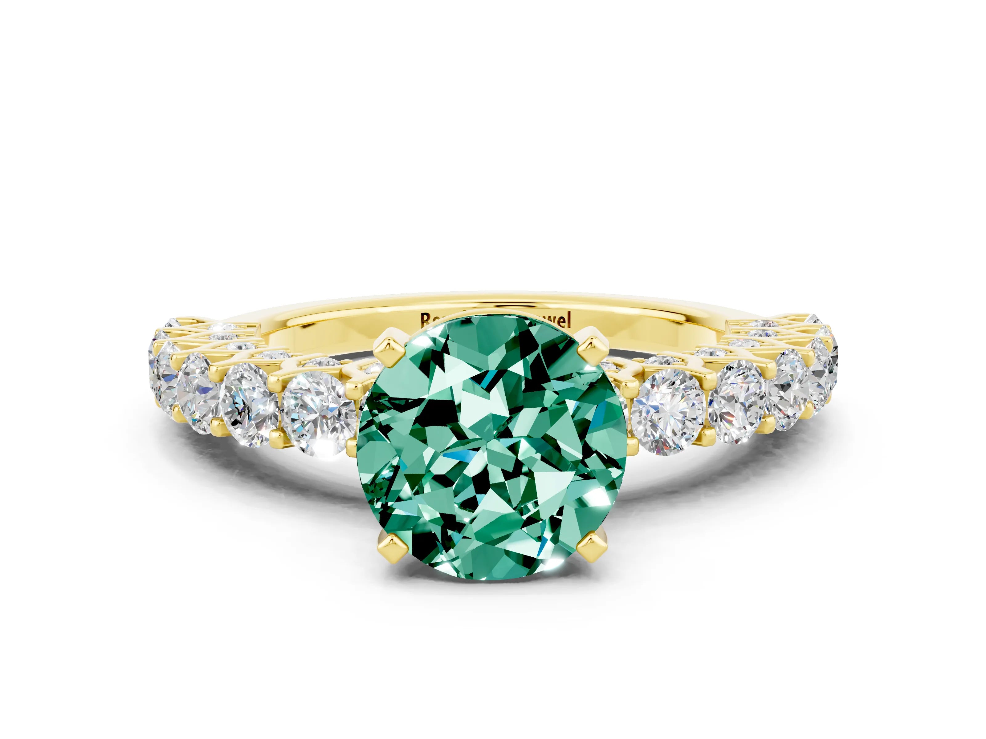 Yellow gold Round Cut Green Sapphire Solitaire Ring with Shared Prong Pavé Band and Four-Prong Setting