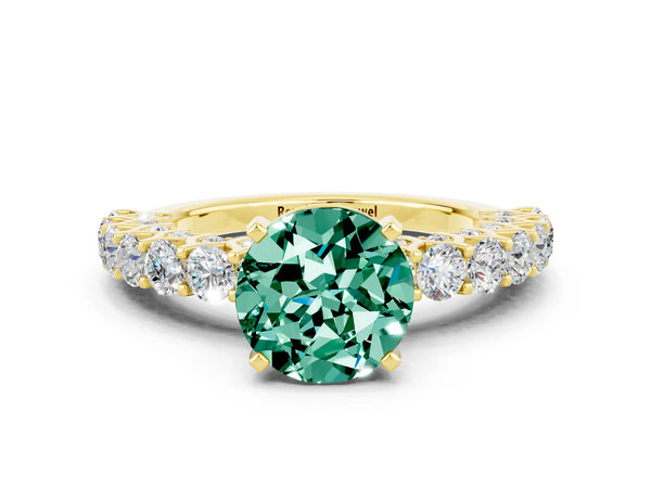 Yellow gold Round Cut Green Sapphire Solitaire Ring with Shared Prong Pavé Band and Four-Prong Setting