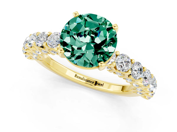 Yellow gold Round Cut Green Sapphire Solitaire Ring with Shared Prong Pavé Band and Four-Prong Setting