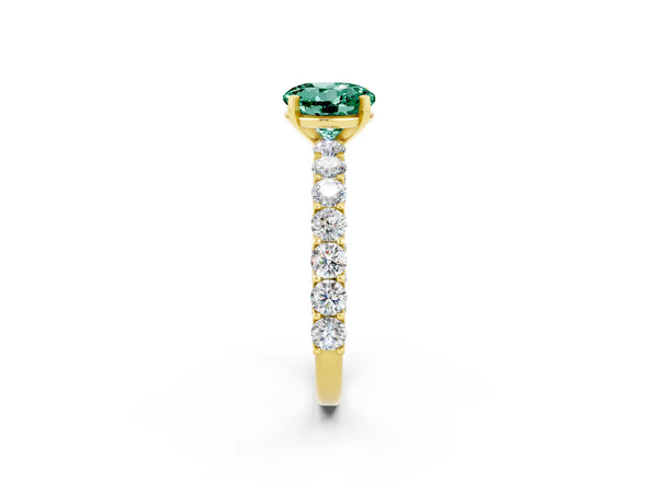 Yellow gold Round Cut Green Sapphire Solitaire Ring with Shared Prong Pavé Band and Four-Prong Setting