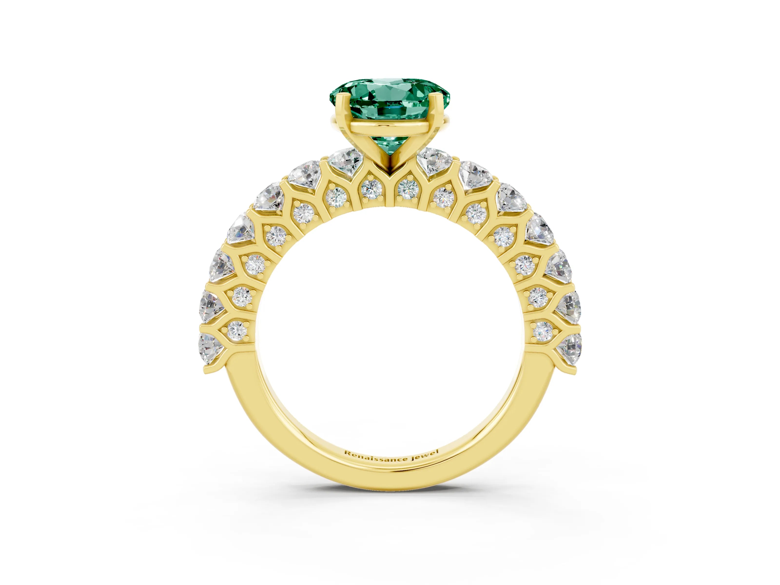 Yellow gold Round Cut Green Sapphire Solitaire Ring with Shared Prong Pavé Band and Four-Prong Setting_3
