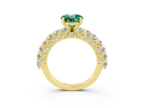 Yellow gold Round Cut Green Sapphire Solitaire Ring with Shared Prong Pavé Band and Four-Prong Setting