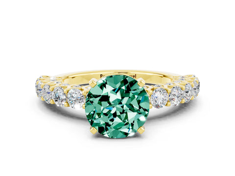 Yellow gold Round Cut Green Sapphire Solitaire Ring with Shared Prong Pavé Band and Four-Prong Setting