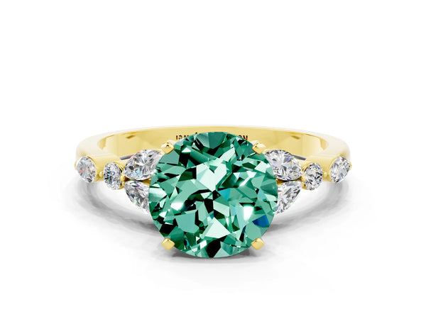 Yellow gold Round Cut Green Sapphire Solitaire Ring with Side Stones and Four-Prong Setting