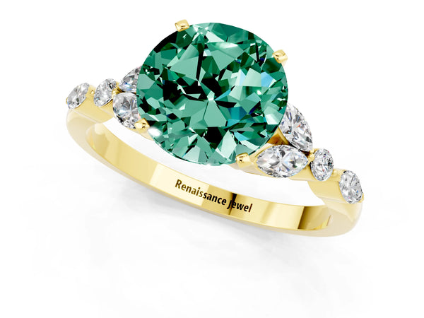 Yellow gold Round Cut Green Sapphire Solitaire Ring with Side Stones and Four-Prong Setting