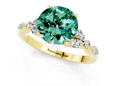 Yellow gold Round Cut Green Sapphire Solitaire Ring with Side Stones and Four-Prong Setting_13