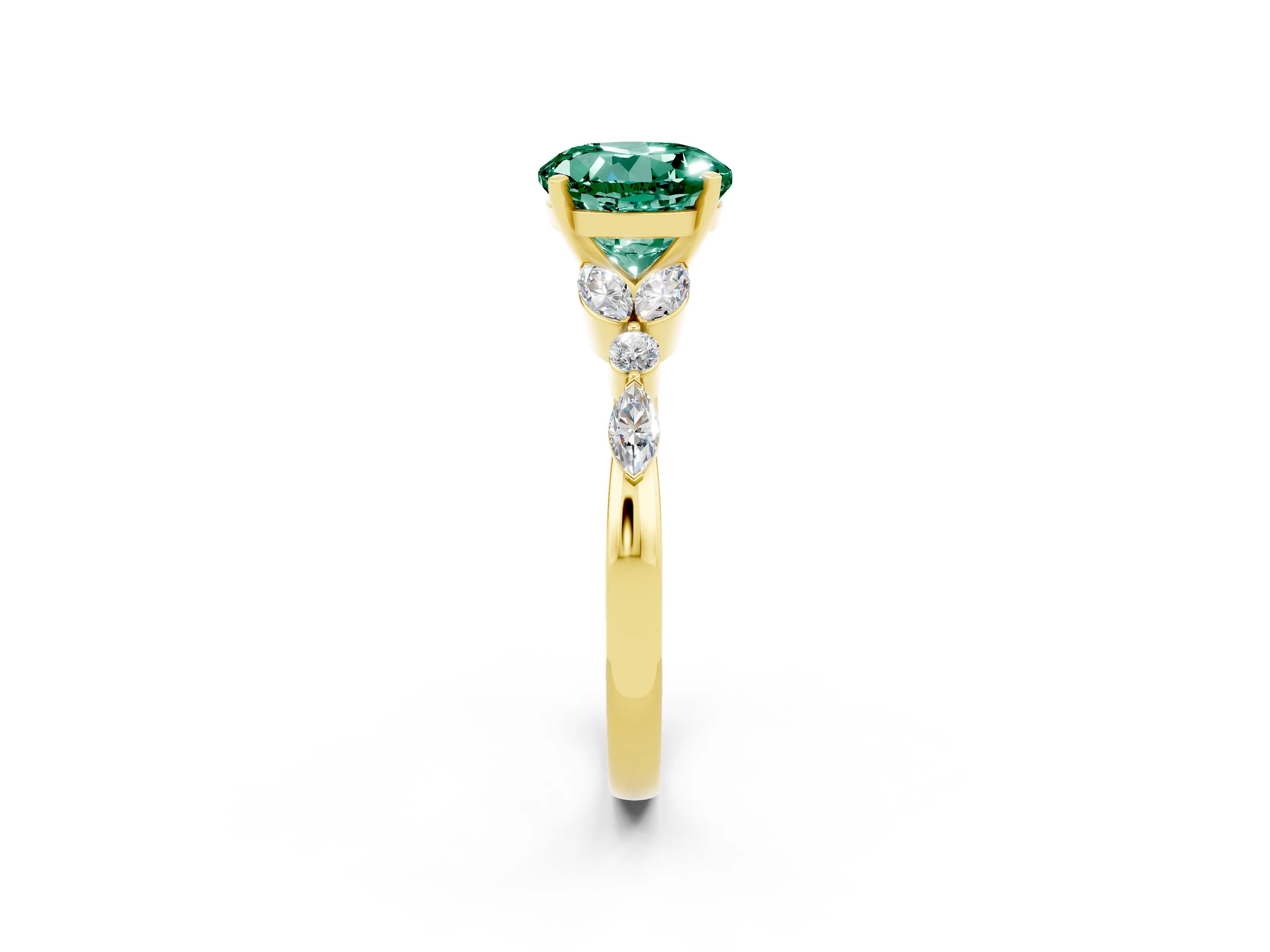 Yellow gold Round Cut Green Sapphire Solitaire Ring with Side Stones and Four-Prong Setting_14