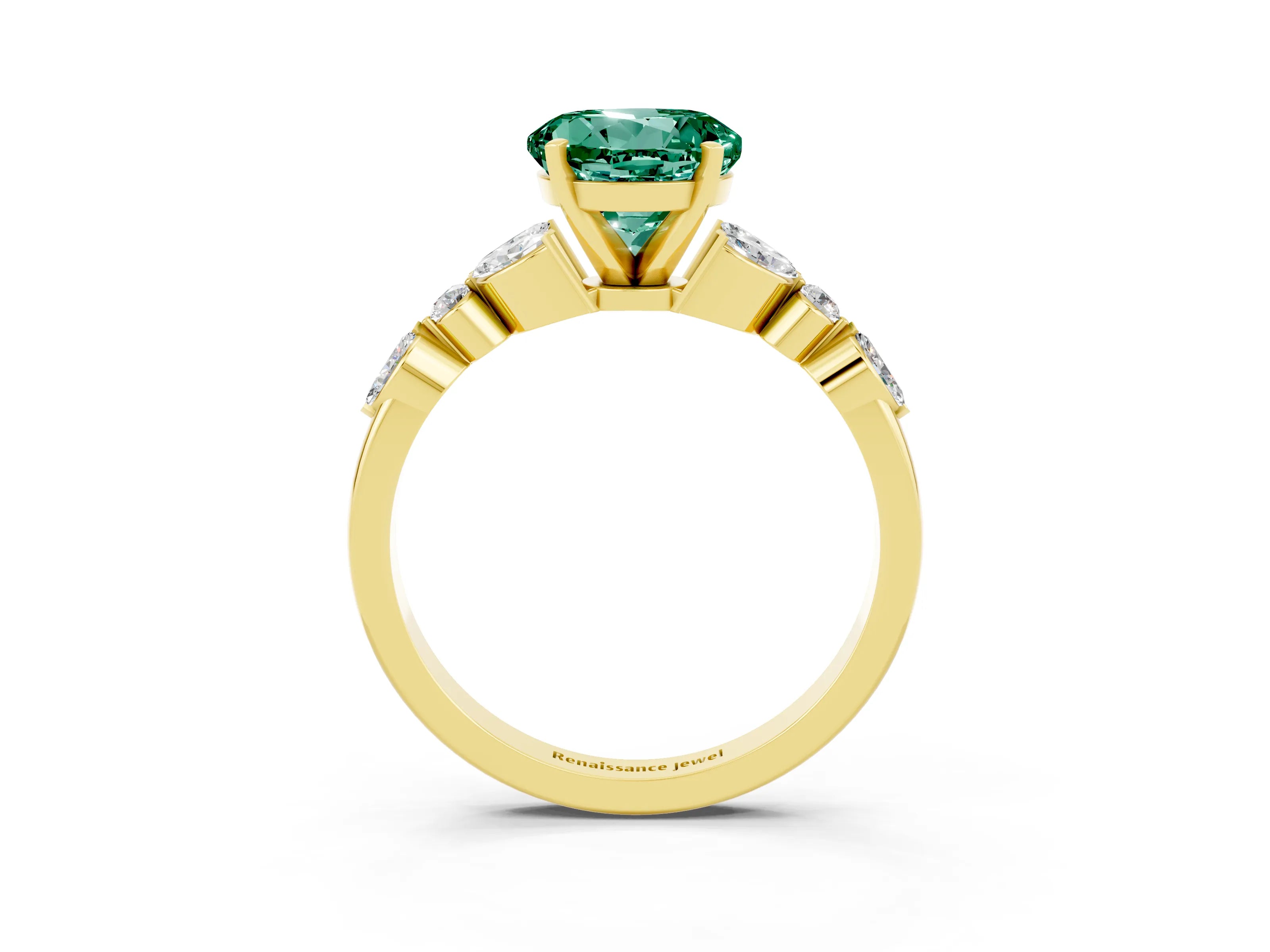 Yellow gold Round Cut Green Sapphire Solitaire Ring with Side Stones and Four-Prong Setting_15