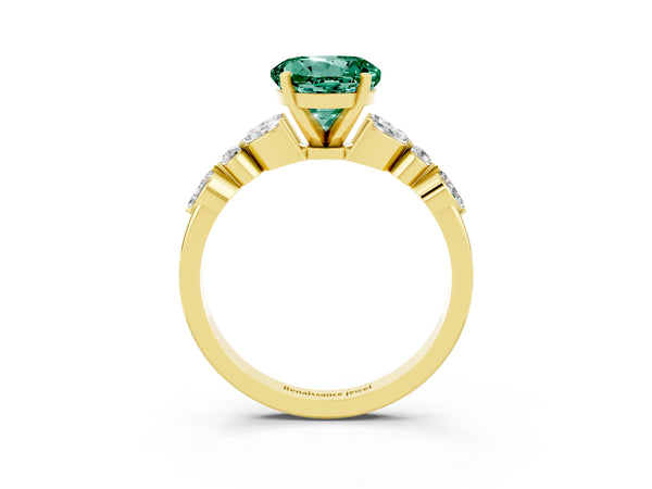 Yellow gold Round Cut Green Sapphire Solitaire Ring with Side Stones and Four-Prong Setting