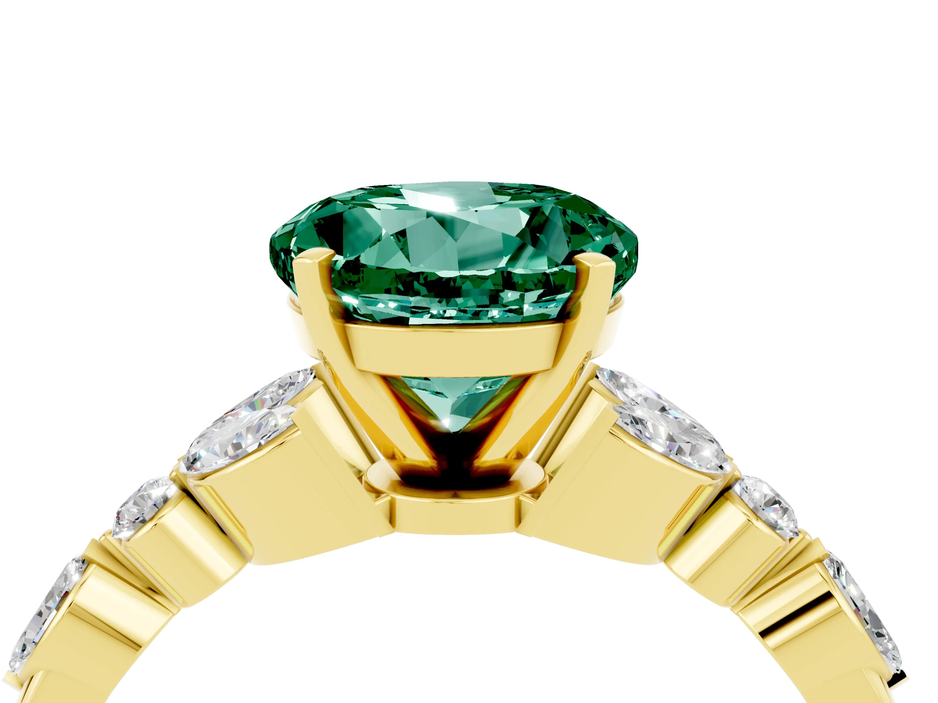 Yellow gold Round Cut Green Sapphire Solitaire Ring with Side Stones and Four-Prong Setting_16