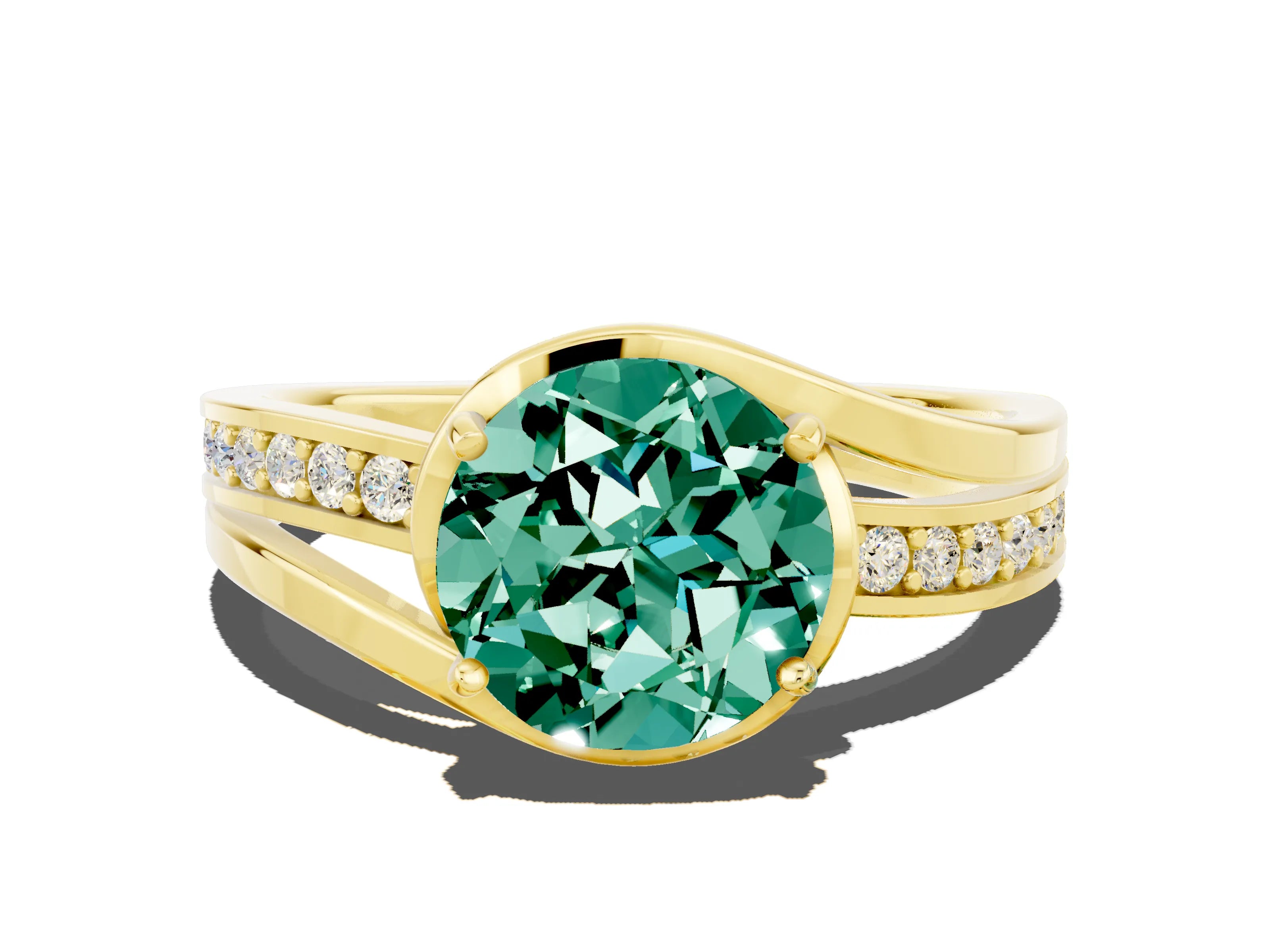 Yellow gold Round Cut Green Sapphire Solitaire Ring with Split Shank and Prong Setting