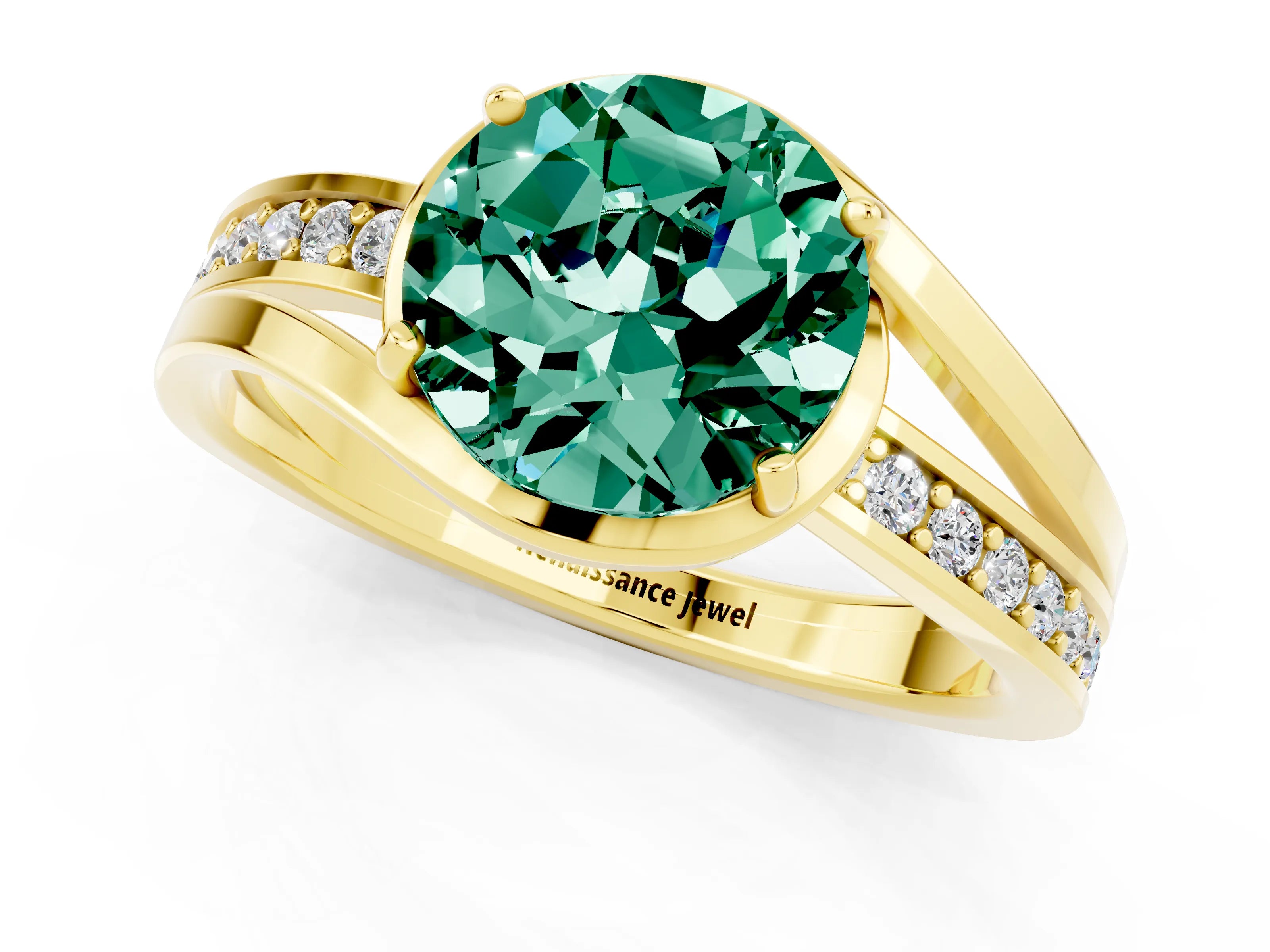Yellow gold Round Cut Green Sapphire Solitaire Ring with Split Shank and Prong Setting_1