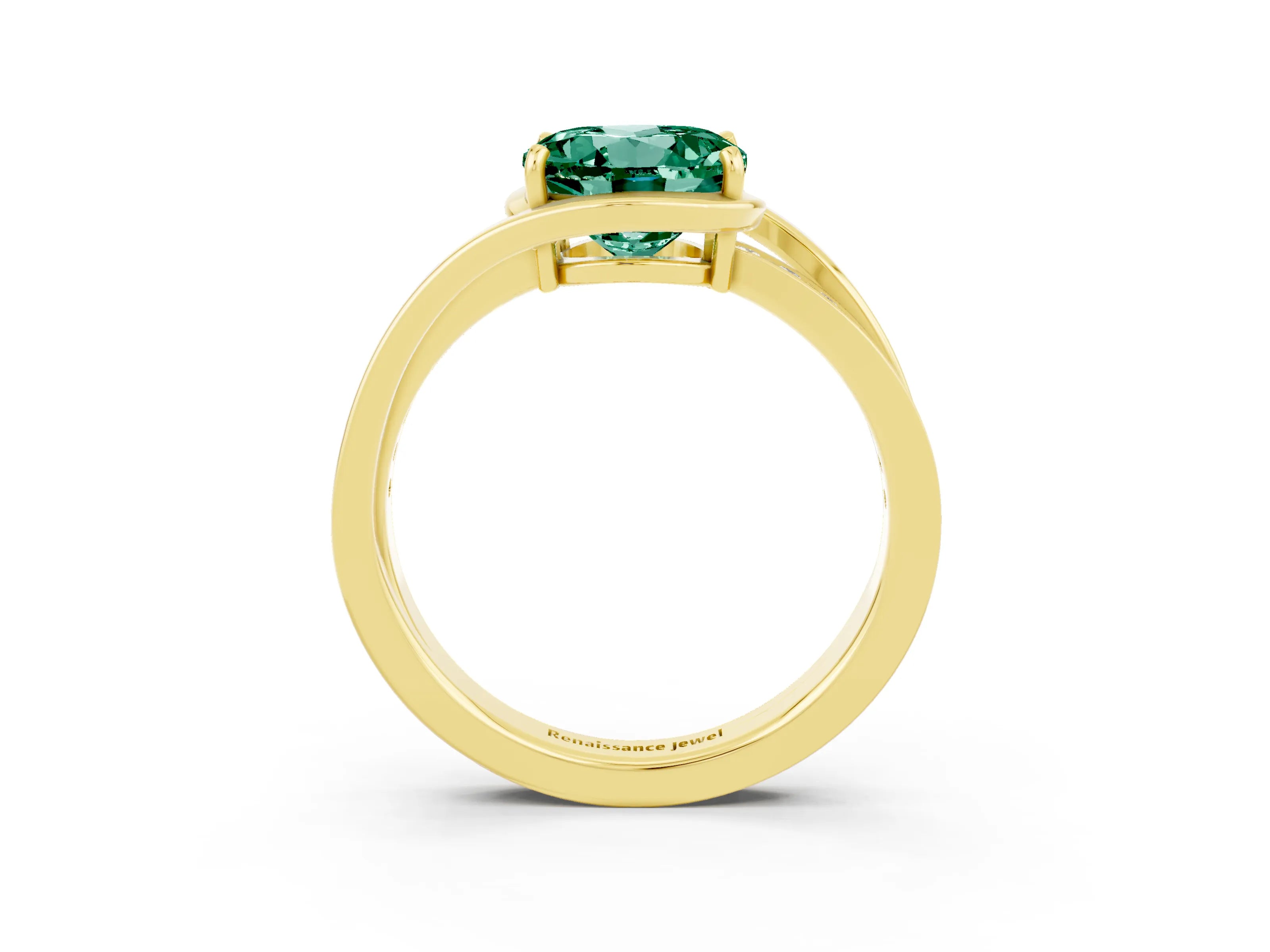Yellow gold Round Cut Green Sapphire Solitaire Ring with Split Shank and Prong Setting_3
