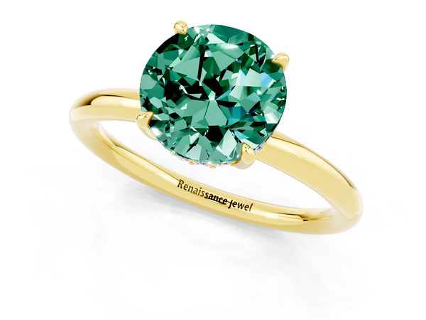 Yellow gold Round Cut Green Sapphire Solitaire Ring with Thin Band and Four-Prong Setting