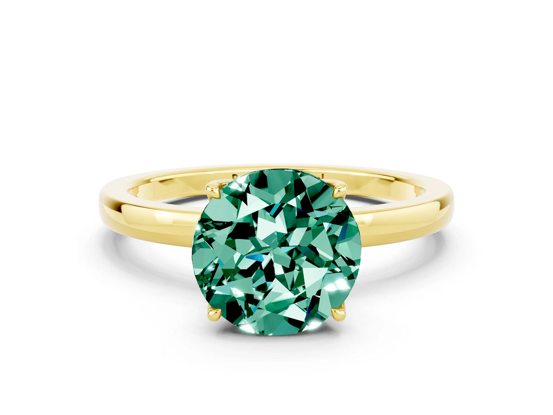 Yellow gold Round Cut Green Sapphire Solitaire Ring with Thin Band and Prong Setting_12