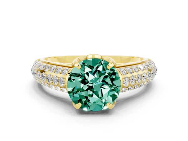 Yellow gold Round Cut Green Sapphire Solitaire Ring with Three-Row Pavé Band and Four-Prong Setting