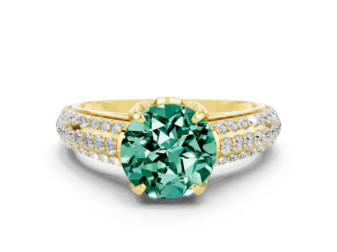 Yellow gold Round Cut Green Sapphire Solitaire Ring with Three-Row Pavé Band and Four-Prong Setting_12
