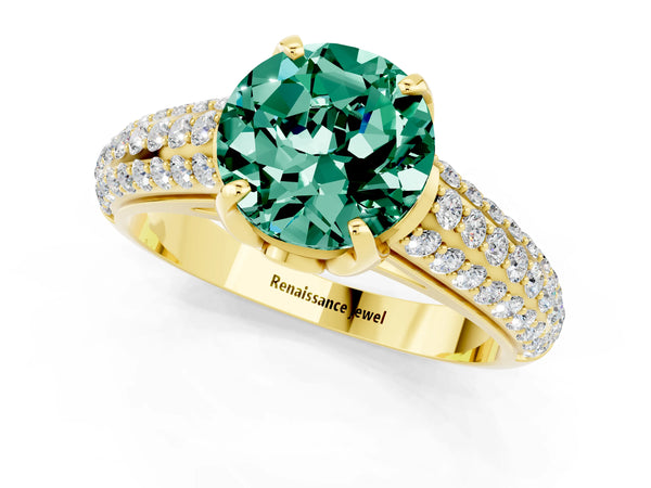 Yellow gold Round Cut Green Sapphire Solitaire Ring with Three-Row Pavé Band and Four-Prong Setting