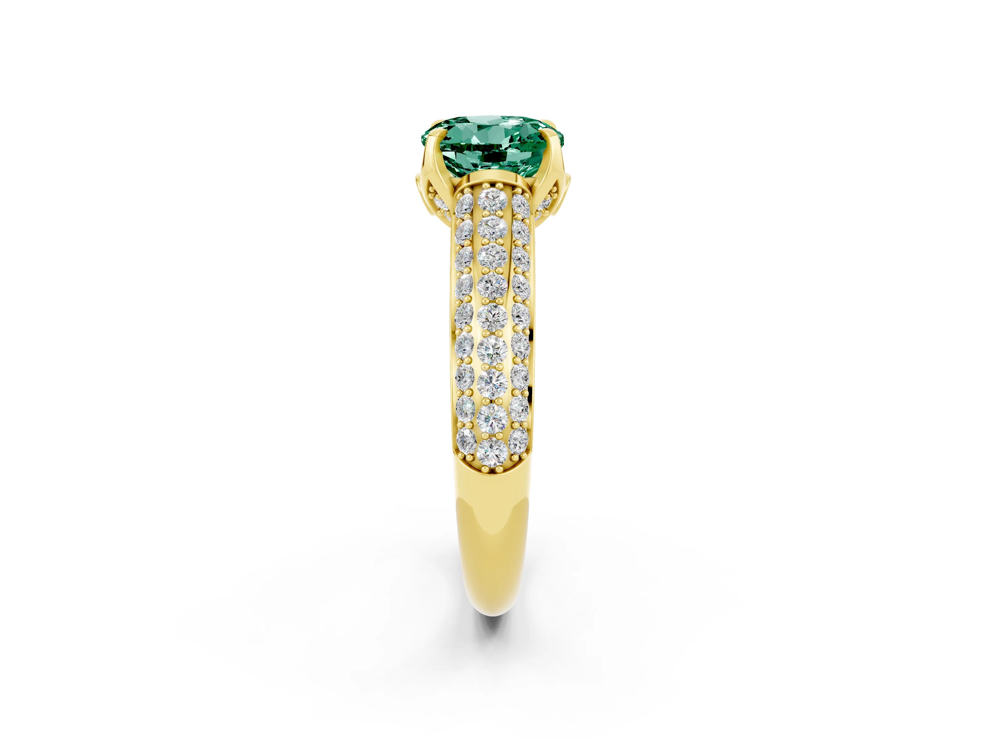 Yellow gold Round Cut Green Sapphire Solitaire Ring with Three-Row Pavé Band and Four-Prong Setting_14