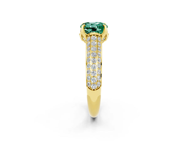 Yellow gold Round Cut Green Sapphire Solitaire Ring with Three-Row Pavé Band and Four-Prong Setting