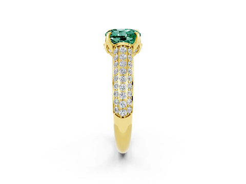 Yellow gold Round Cut Green Sapphire Solitaire Ring with Three-Row Pavé Band and Four-Prong Setting_14