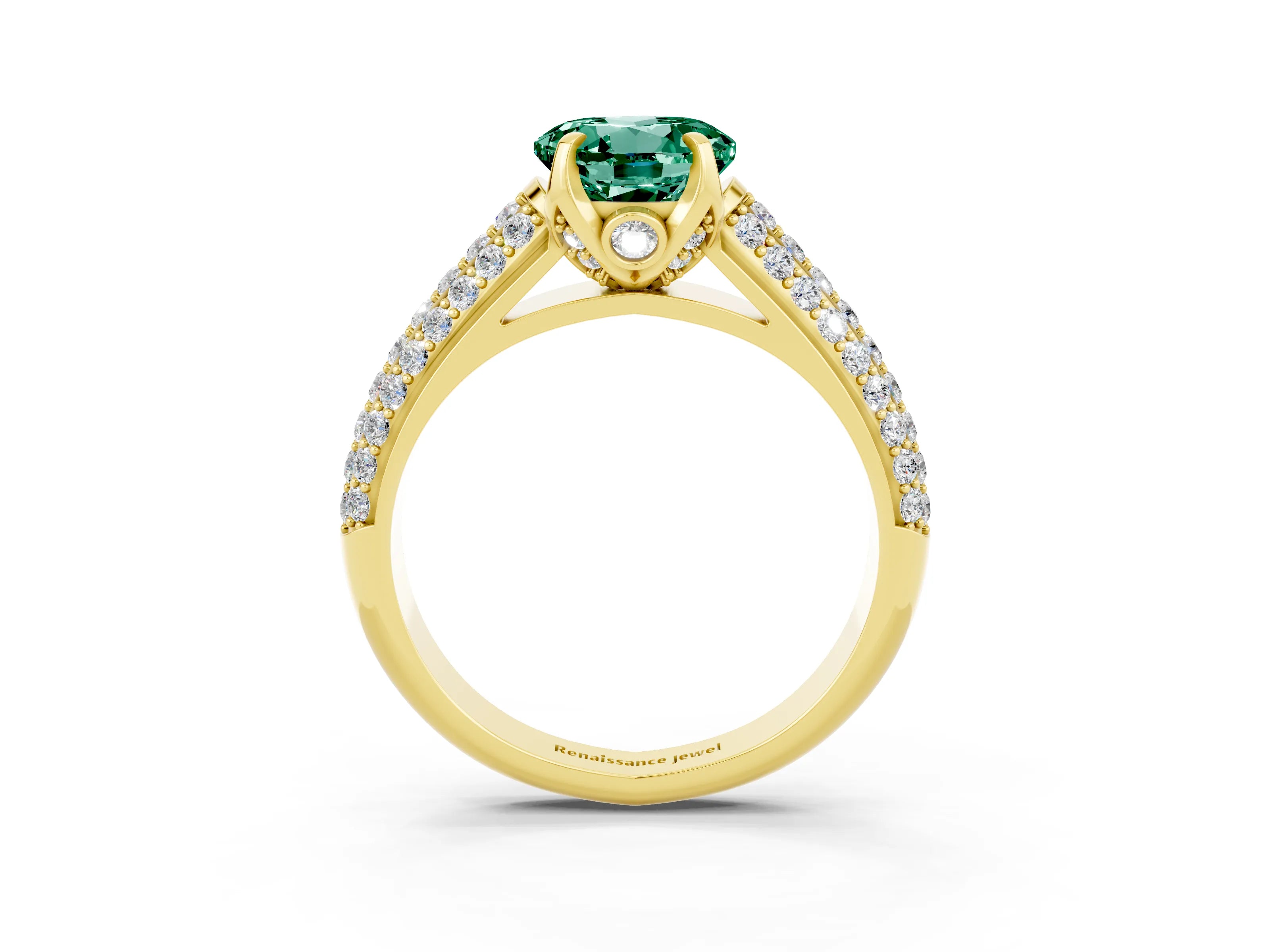Yellow gold Round Cut Green Sapphire Solitaire Ring with Three-Row Pavé Band and Four-Prong Setting_15