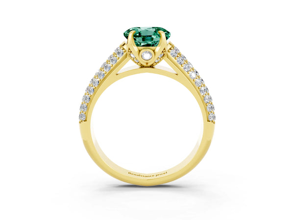 Yellow gold Round Cut Green Sapphire Solitaire Ring with Three-Row Pavé Band and Four-Prong Setting