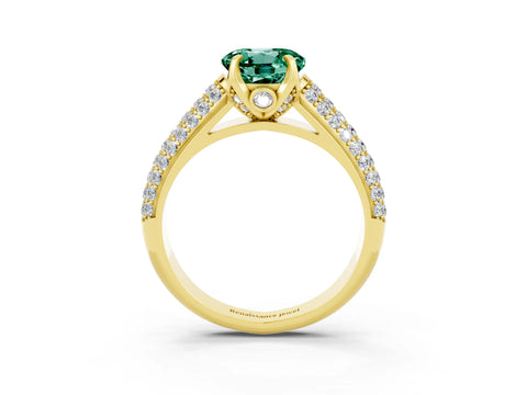 Yellow gold Round Cut Green Sapphire Solitaire Ring with Three-Row Pavé Band and Four-Prong Setting_15