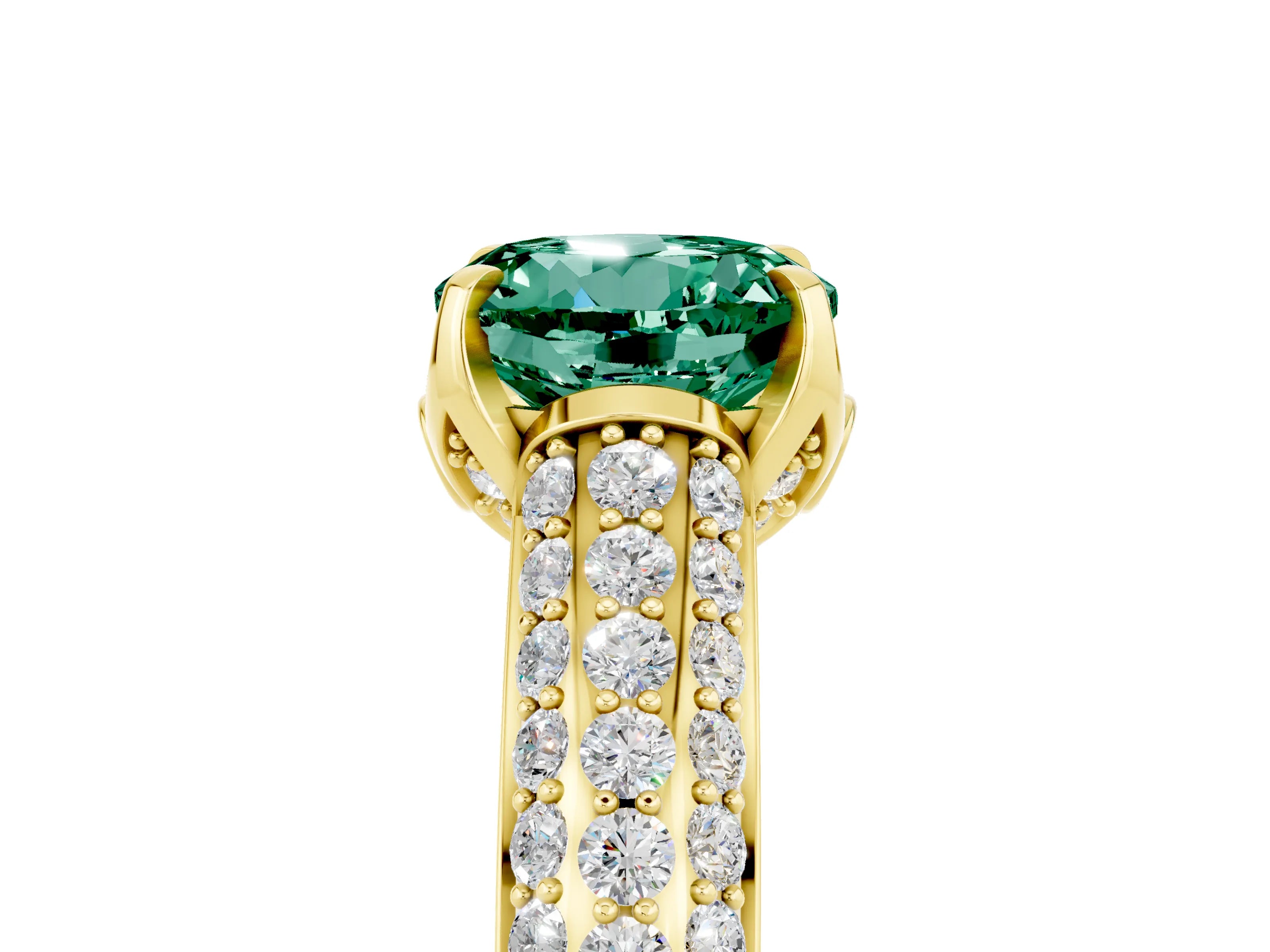 Yellow gold Round Cut Green Sapphire Solitaire Ring with Three-Row Pavé Band and Four-Prong Setting_17