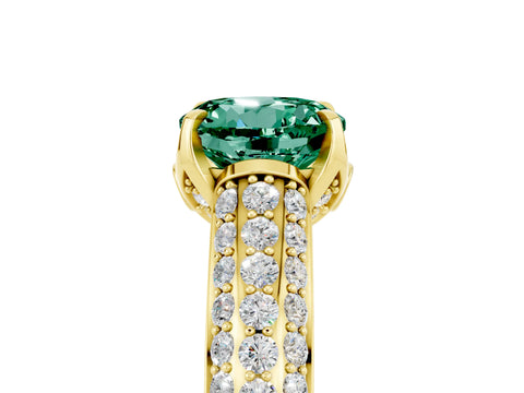 Yellow gold Round Cut Green Sapphire Solitaire Ring with Three-Row Pavé Band and Four-Prong Setting_17