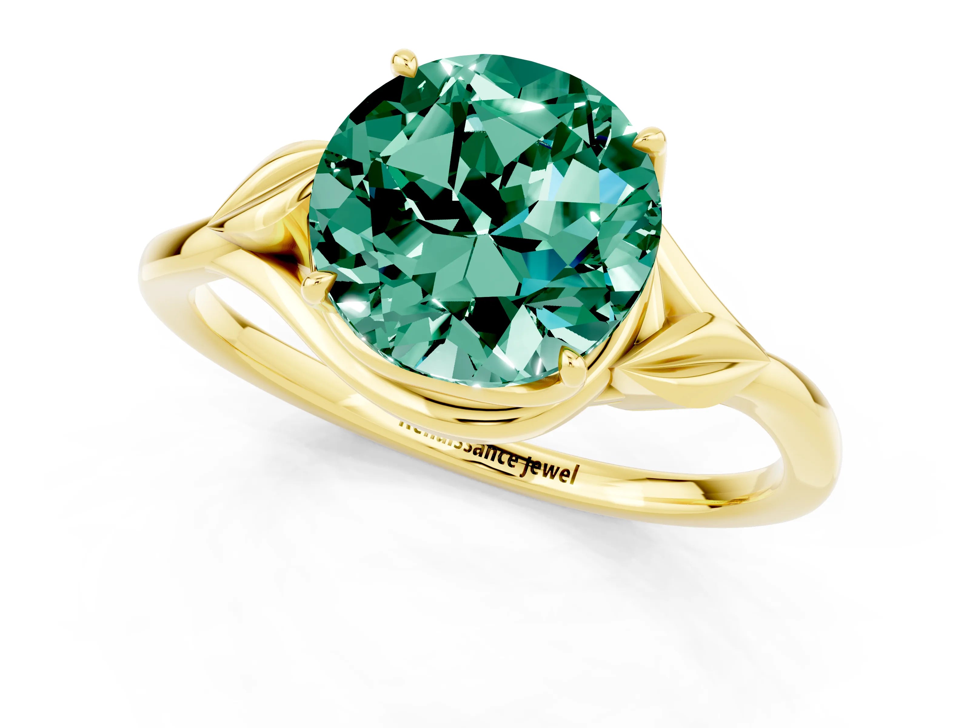 Yellow gold Round Cut Green Sapphire Solitaire Ring with Twist Band and Four-Prong Setting_25