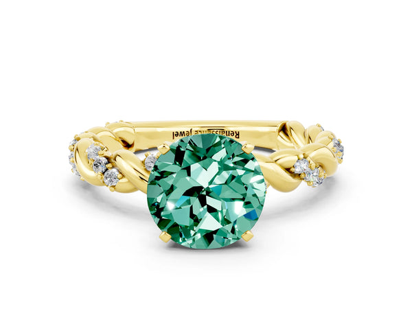 Yellow gold Round Cut Green Sapphire Solitaire Ring with Twisted Band and Pavé Accents