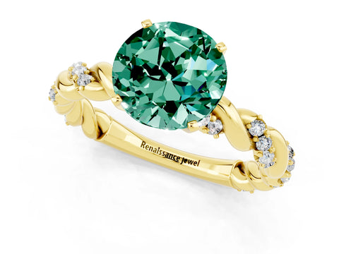 Yellow gold Round Cut Green Sapphire Solitaire Ring with Twisted Band and Pavé Accents_1